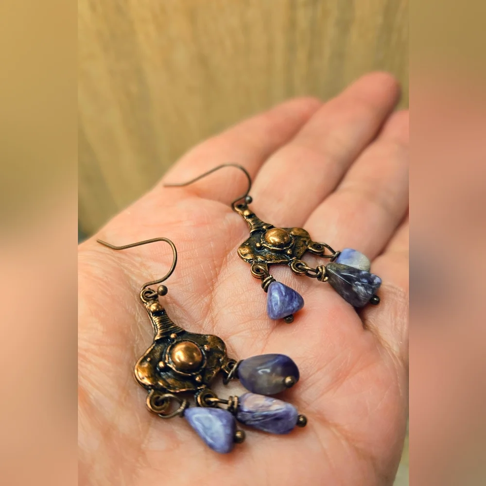 Steppe Warrior's Purple Siberian Charoite In Rugged Antique Copper Earrings - Picture 5 of 8